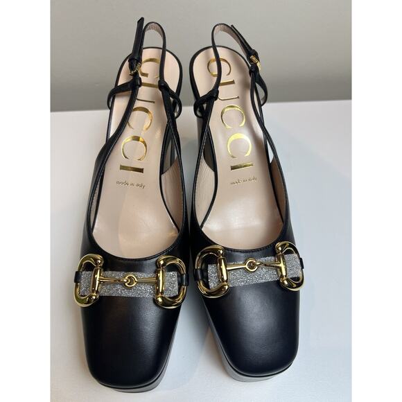 GUCCI SHOES PLATFORM BLACK LEATHER SLINGBACK PUMPS w HORSEBIT $1,100 sz 39 9 - Picture 8 of 9